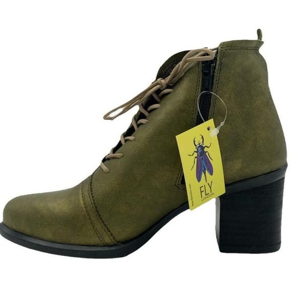 Fly London Brand New Inet Lace & Zip up Leather Ankle Boots Gold Olive U.S SZ 9 - Picture 2 of 5
